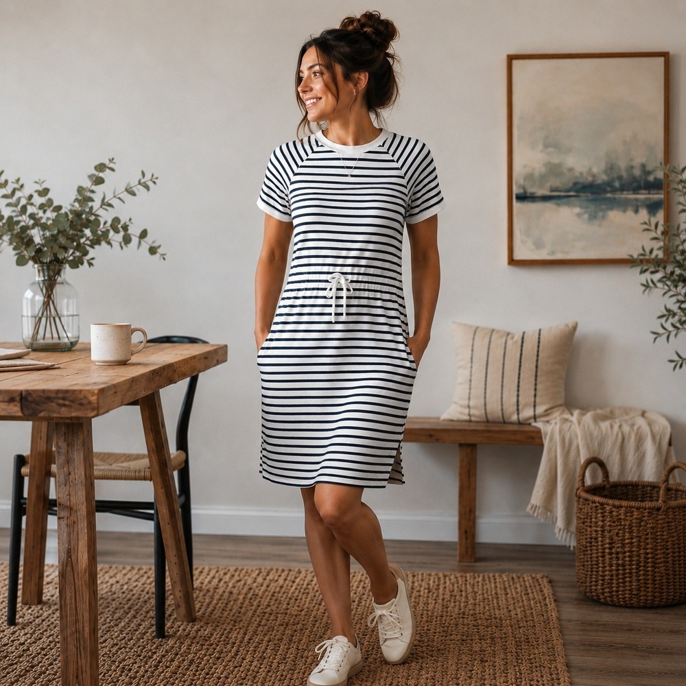 Old Navy SS Fleece Midi Dress Womens XS Blue White Striped Coastal Pockets